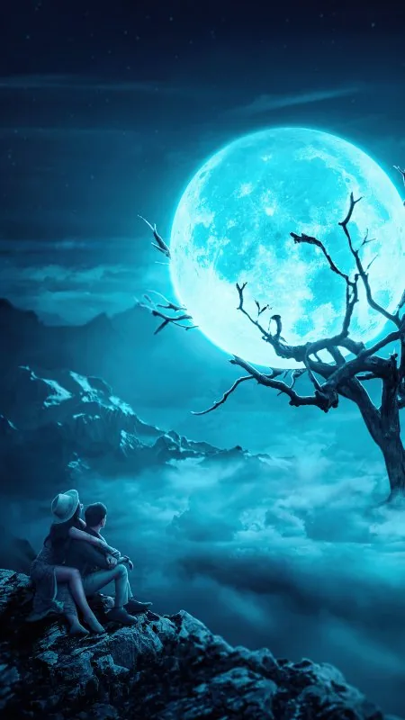 Love Couple Near Moon Tree Wallpaper