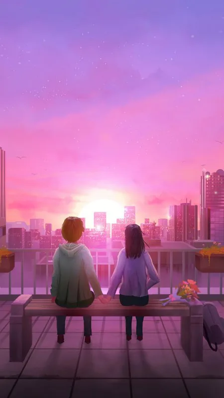 Couple On Rooftop Bench Love Wallpaper