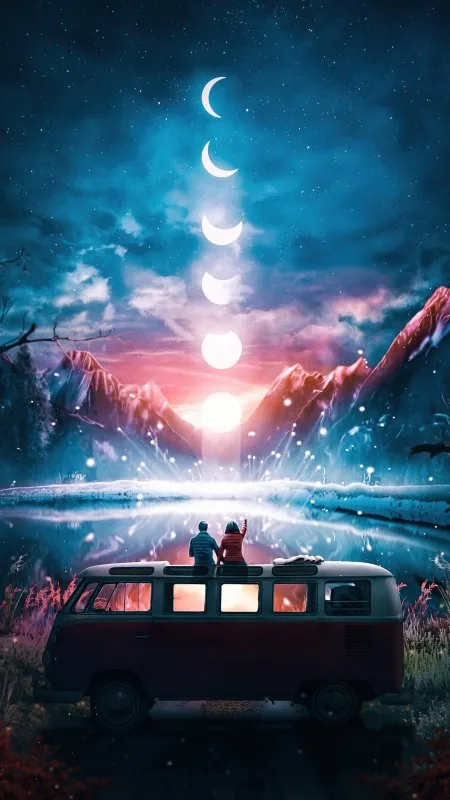 Couple On Van Moon Phases Love Wallpaper