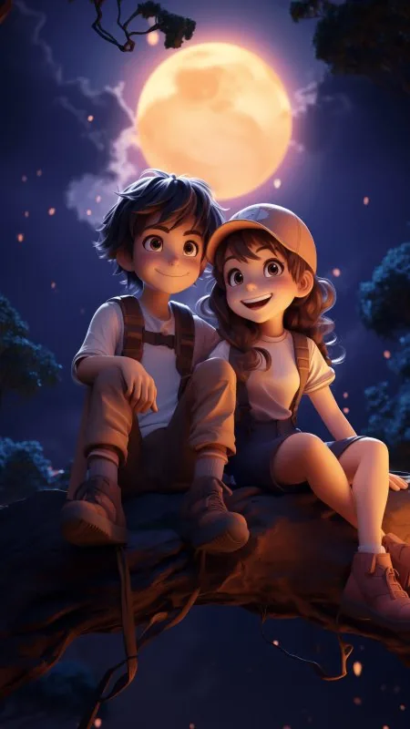 Love Couple Smiles Tree Night Moon Wallpaper