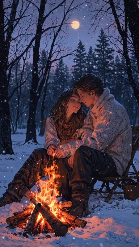 Couple Snow Bonfire Love Moon Phone Wallpaper