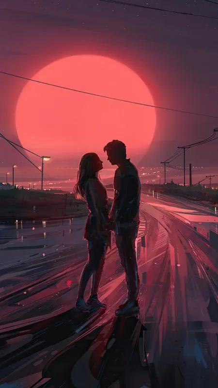 Couple Under Crimson Moon Love Wallpaper