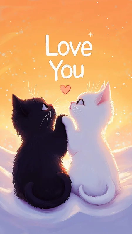 Cute White Kitten And Black Cat In Love Sitting Phone Wallpaper