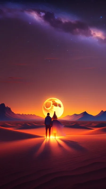 Desert Couple Glowing Moonrise Love Wallpaper