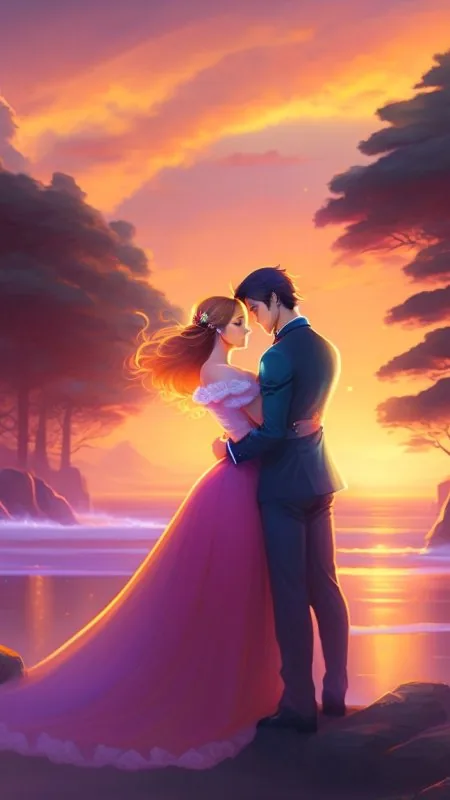 Fairytale Seaside Sunset Waltz Love Wallpaper