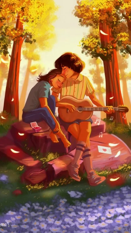 Guitar Serenade Autumn Forest Love Wallpaper