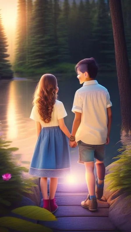 Kids By Forest Lake Love Wallpaper