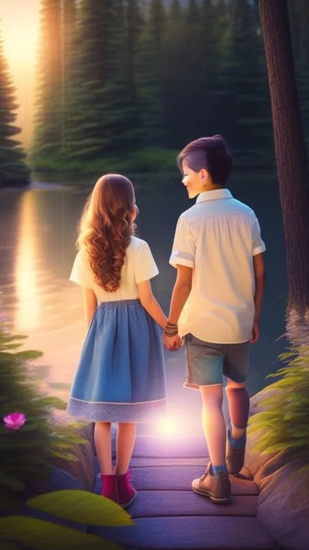 Kids Holding Hands Lakeside Love Wallpaper