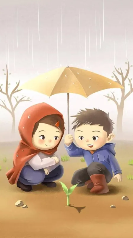 Kids Sharing Umbrella Rain Love Wallpaper