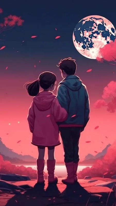 Kids Under Crimson Moon Love Wallpaper
