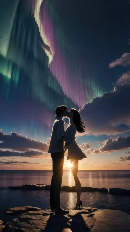 Kiss Under Aurora Sky Love Wallpaper