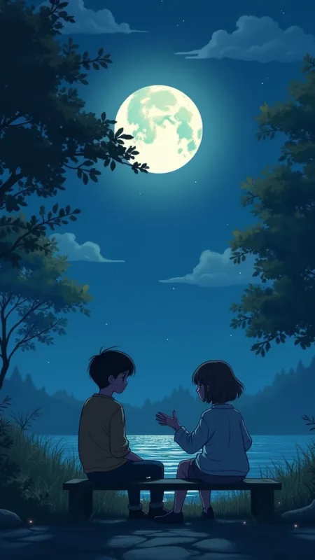 Lakeside Bench Moonlit Chat Love Wallpaper