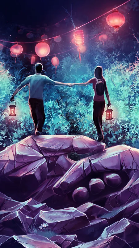 Lantern Lit Forest Walk Love Wallpaper