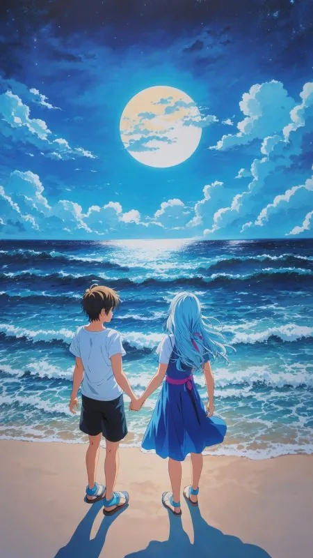 Moonlit Beach Hand Holding Love Wallpaper