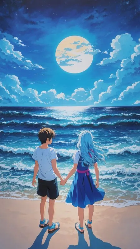 Moonlit Beach Hand Holding Love Wallpaper