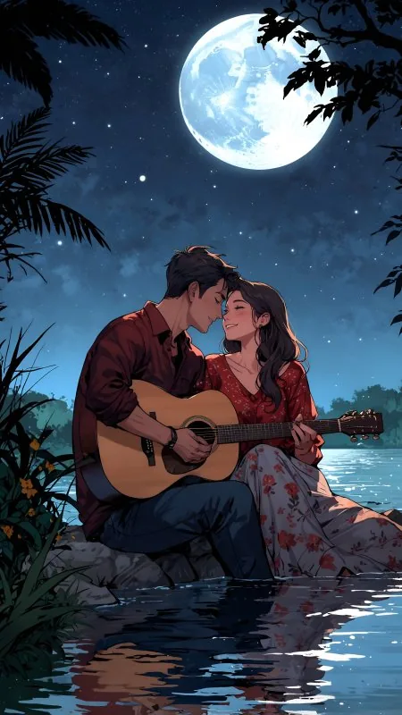 Moonlit Guitar Serenade Love Wallpaper