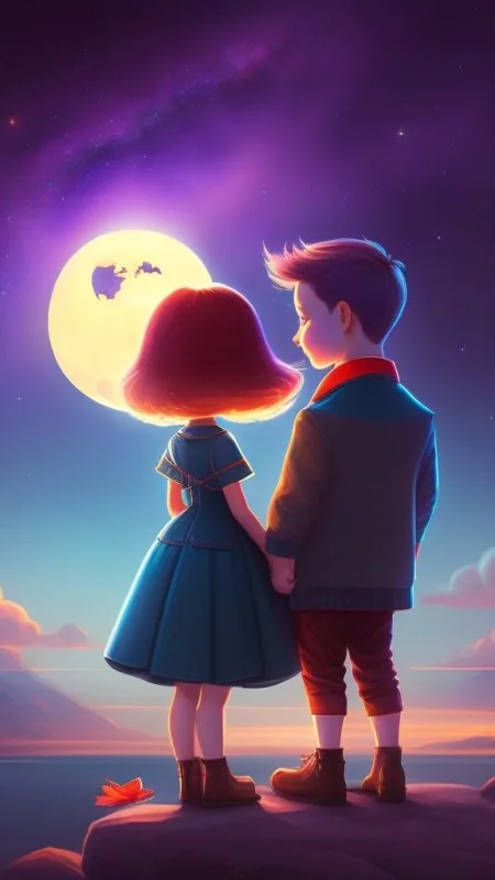 Moonlit Kids Holding Hands Love Wallpaper