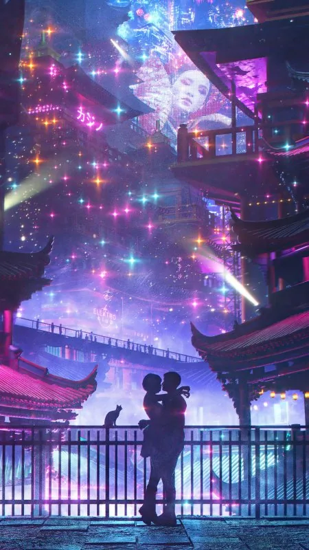 Neon Rooftop Embrace Love Wallpaper