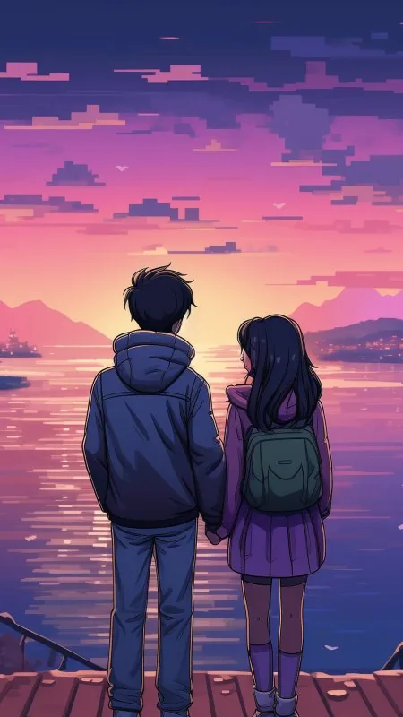 Pixel Couple Ocean Sunset Love Wallpaper