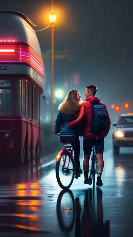 Rainy Night Bicycle Ride Love Wallpaper