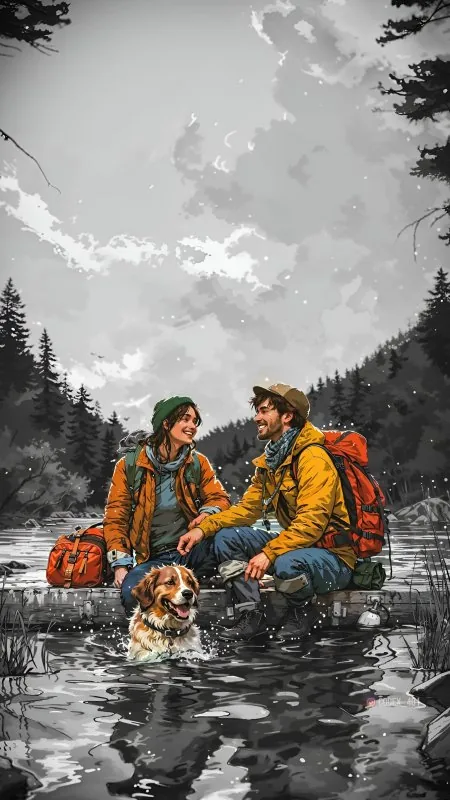 Riverside Campers With Dog Love Wallpaper