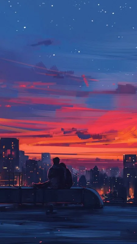 Rooftop Couple Sunset City Love Wallpaper
