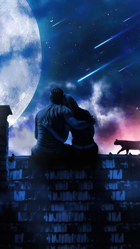 Rooftop Moonlit Embrace Cat Love Wallpaper