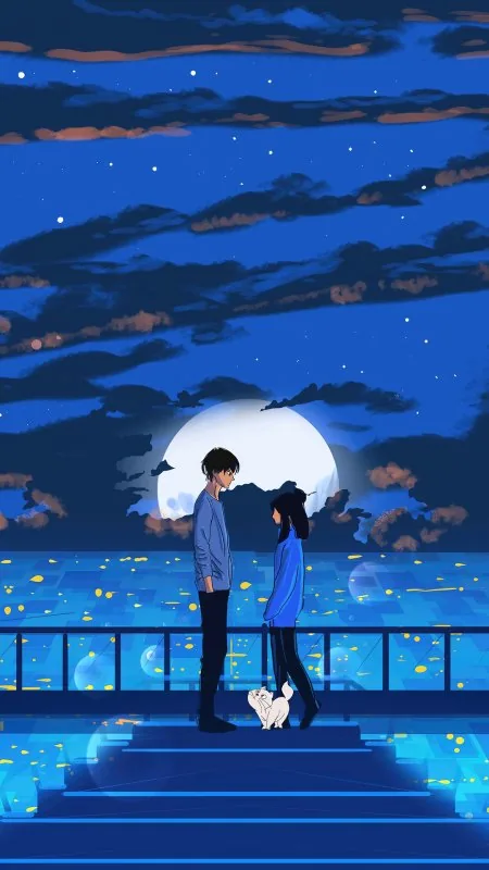 Seaside Moonrise Couple Cat Love Wallpaper