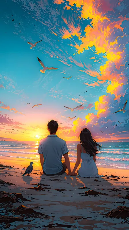 Seaside Sunset With Seagulls Love Wallpaper