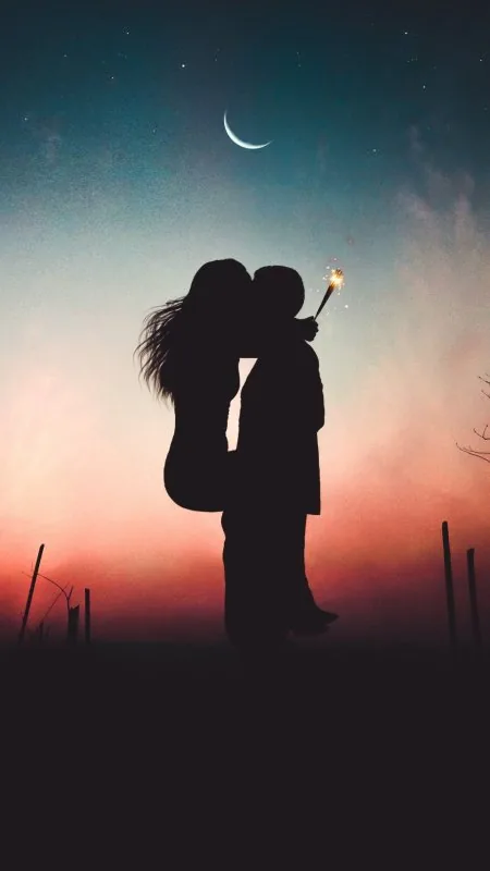 Silhouette Kiss With Sparkler Love Wallpaper
