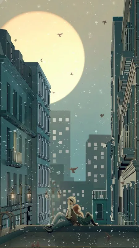 Snowy City Ledge Couple Love Wallpaper