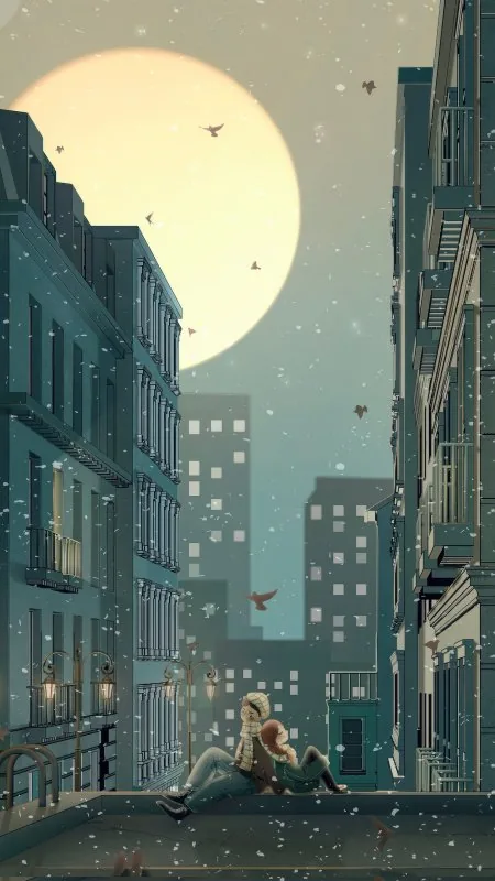 Snowy City Rooftop Moon Love Wallpaper