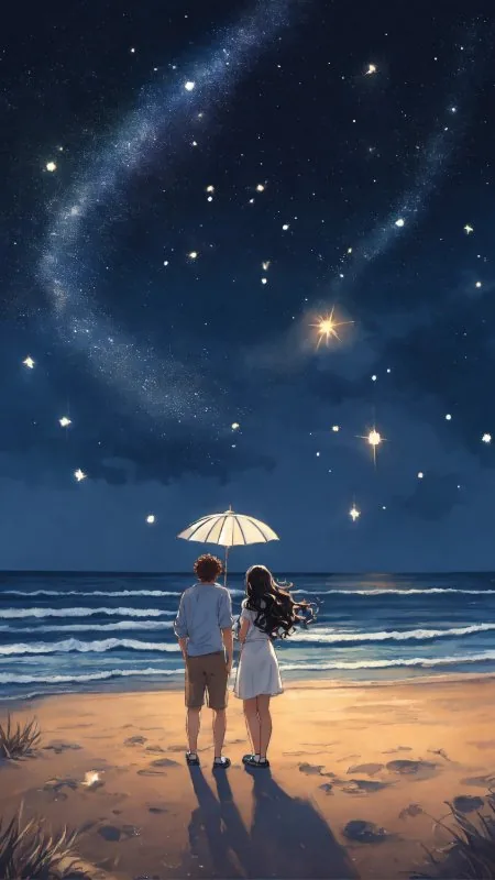 Starry Beach Umbrella Stroll Love Wallpaper