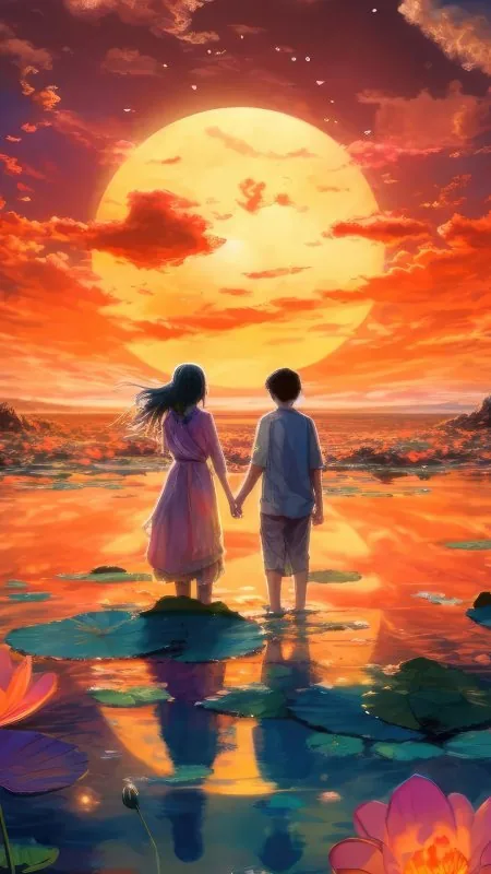 Sunset Lotus Lake Couple Love Wallpaper