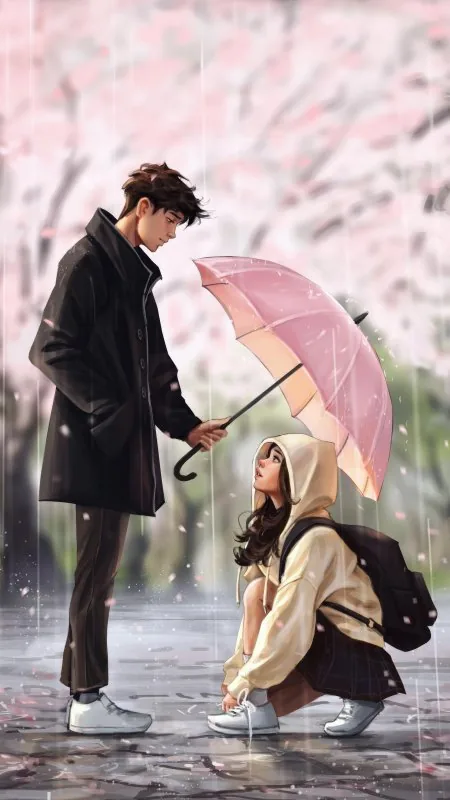 Umbrella Shelter Blossom Rain Love Wallpaper