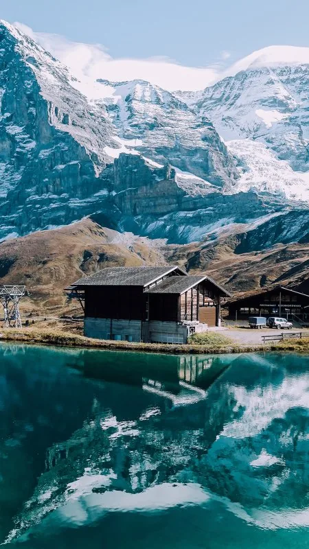 Alpine Chalet Turquoise Lake Nature Wallpaper