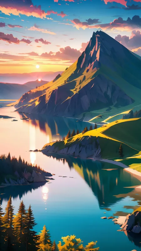 Anime Sunset Mountain Lake Nature Wallpaper