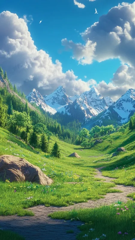 Anime Valley Flower Path Nature Wallpaper