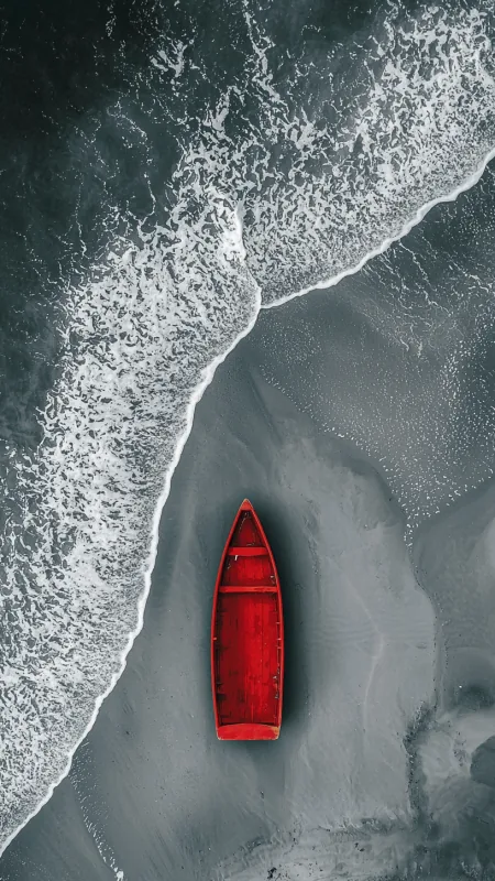 Beach Silent Grey Tone Red Boat HD Nature Wallpaper