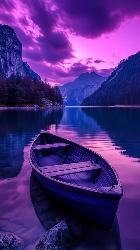 Beautiful Purple Lake And Boat Nature Wallpaper