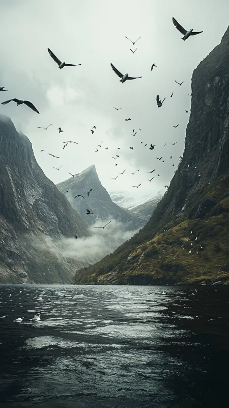 Birds Flew Over The Water And Mountains HD Nature Wallpaper