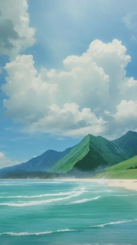 Blue Beach Green Mountain HD Nature Wallpaper