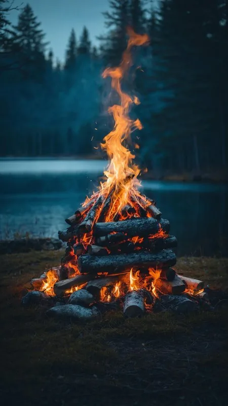 Campfire Fire Flame Lake Forest Evening Nature Phone Wallpaper