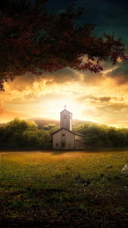 Country Church Golden Sunset Nature Wallpaper