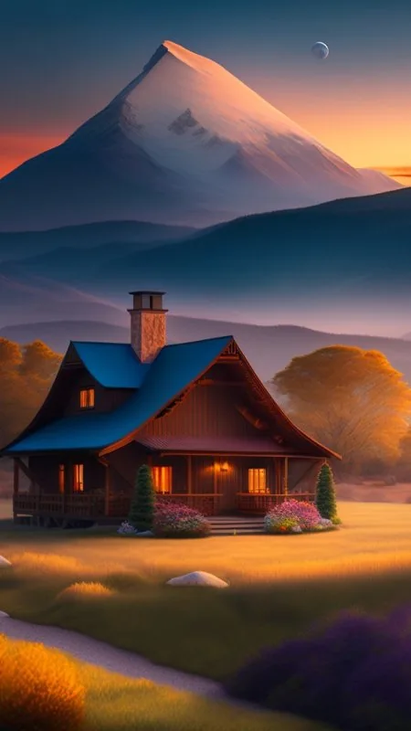 Cozy Cottage Sunset Mountain Nature Wallpaper