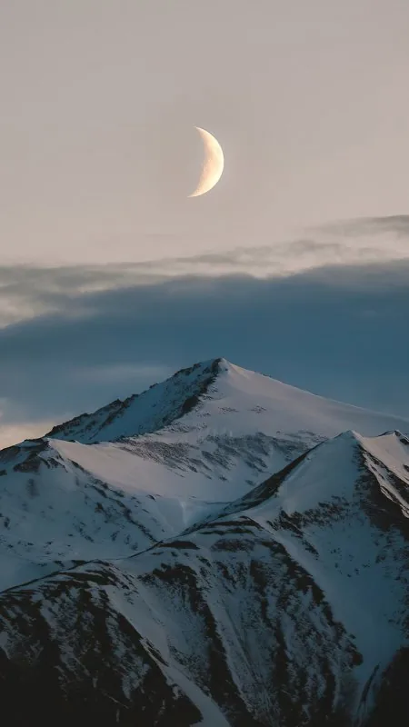 Crescent Moon Snowy Summit Nature Wallpaper