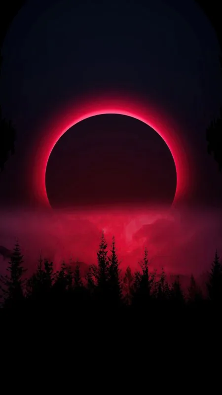 Crimson Eclipse Dark Forest Nature Wallpaper