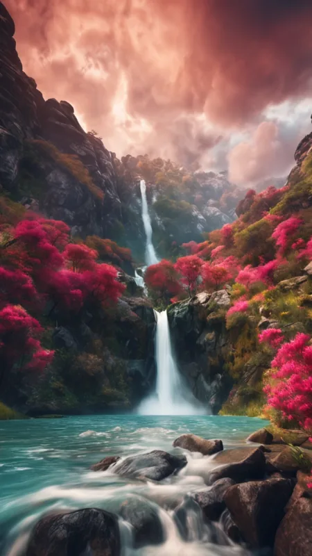 Crimson Waterfall Pink Blossoms Nature Wallpaper