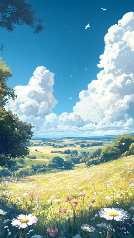 Daisy Meadow Summer Clouds Nature Wallpaper