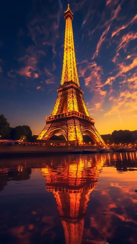 Nature Eiffel Tower River Light Sunset City Wallpaper